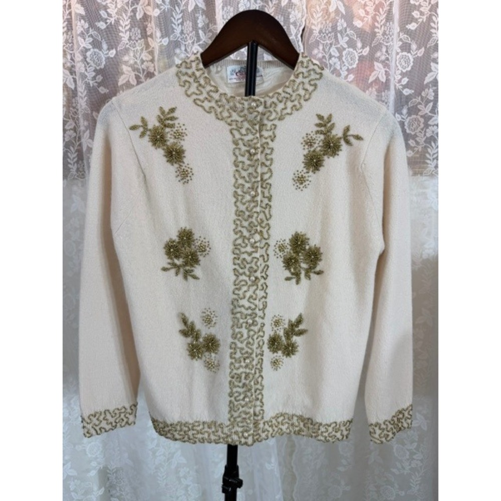 Vintage Castle Cream Lambswool Angora Beaded Cardigan Sweater Gold Floral 38